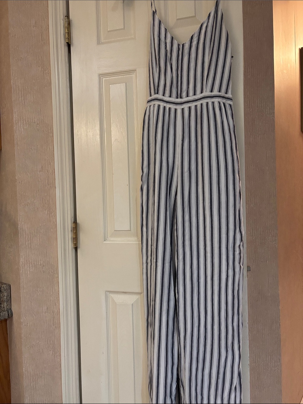 American Eagle Outfitters Navy and White Striped V-Neck Jumpsuit